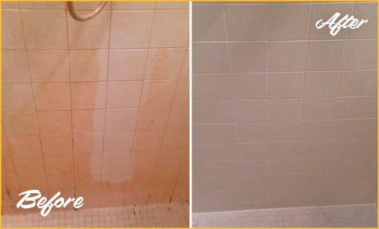 Before and After Picture of a Troutdale Porcelaine Shower Cleaned to Remove Soap Scum