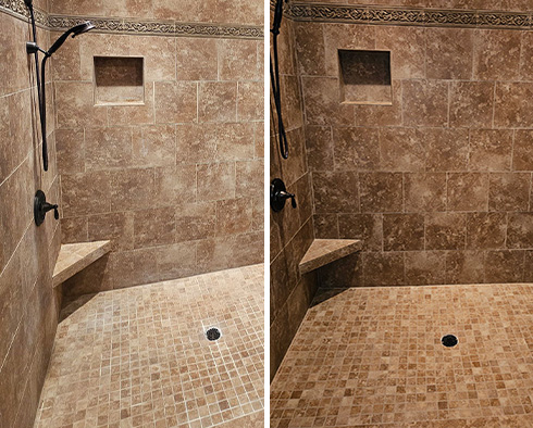 Shower Floor and Walls Before and After a Grout Cleaning in Vancouver