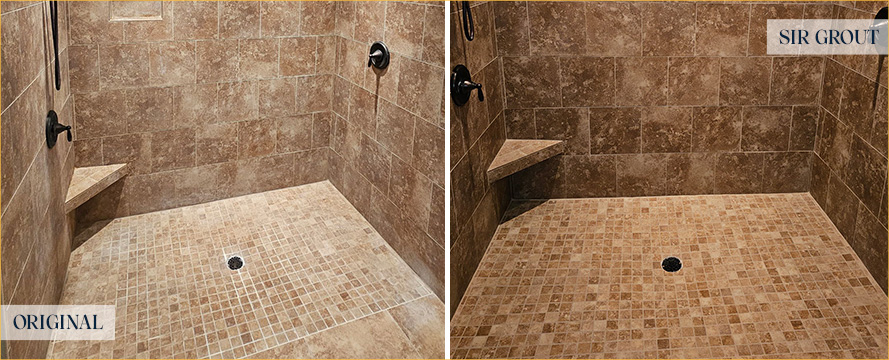 Shower Floor and Walls Before and After a Grout Cleaning in Vancouver