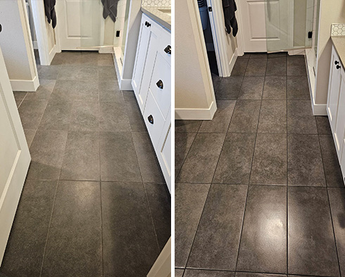 Bathroom Floor Before and After Our Camas Grout Recoloring Service