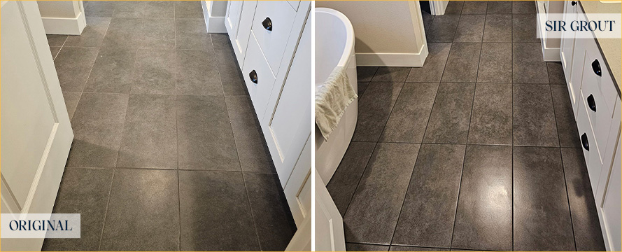 Bathroom Floor Before and After Our Camas Grout Recoloring Service