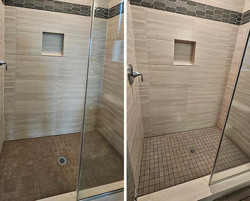 Shower Before and After Our Camas Grout Recoloring Service