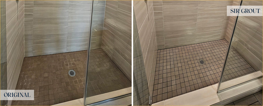 Shower Before and After Our Camas Grout Recoloring Service