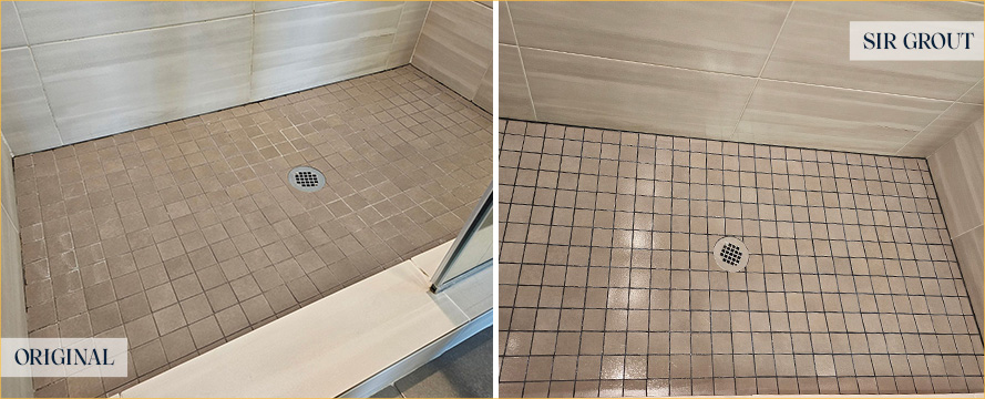 Shower Floor Before and After Our Camas Grout Recoloring Service