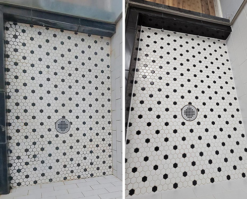 Shower Floor Before and After Our Grout Cleaning Service
