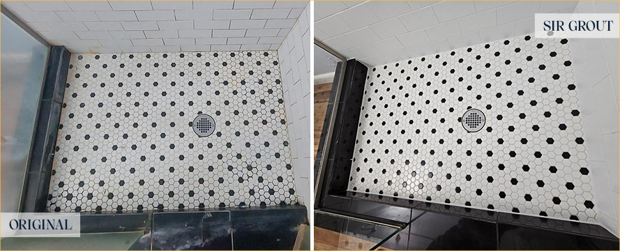 Shower Floor Before and After Our Grout Cleaning Service