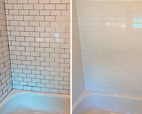 Shower Before and After a Grout Recoloring in Portland, OR