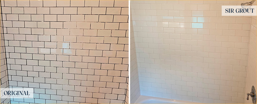 Shower Before and After a Flawless Grout Recoloring in Portland, OR