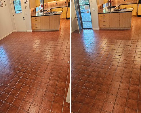 Terracotta Floor Before and After Our Portland Grout Sealing Service